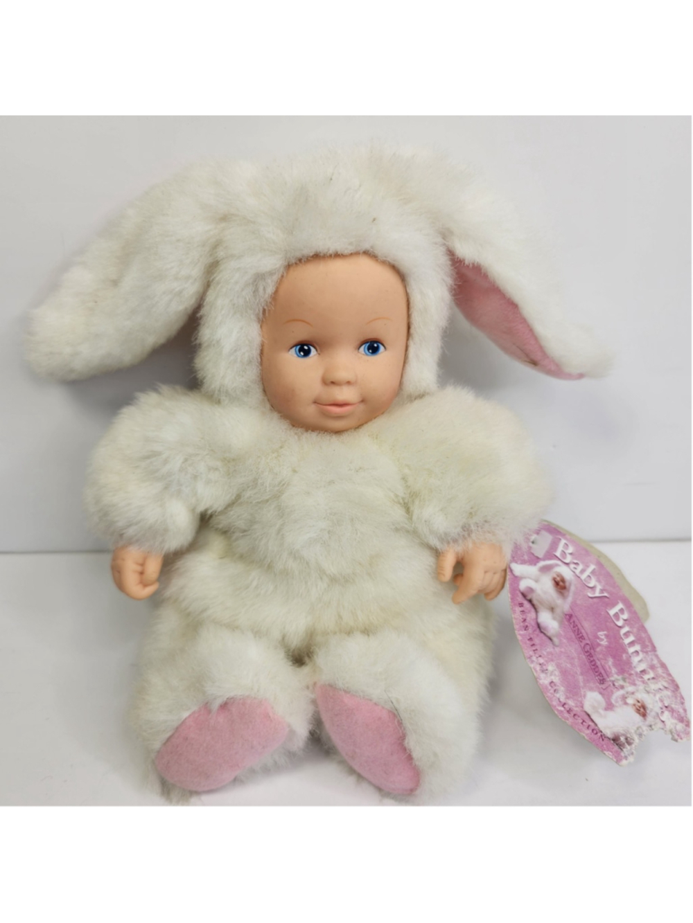 Vintage Anne Geddes Baby White Bunny Rabbit Plush Doll 1998 Pink Ears 8"